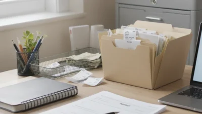Organized receipt and budget document storage system with labeled folders and digital tablet