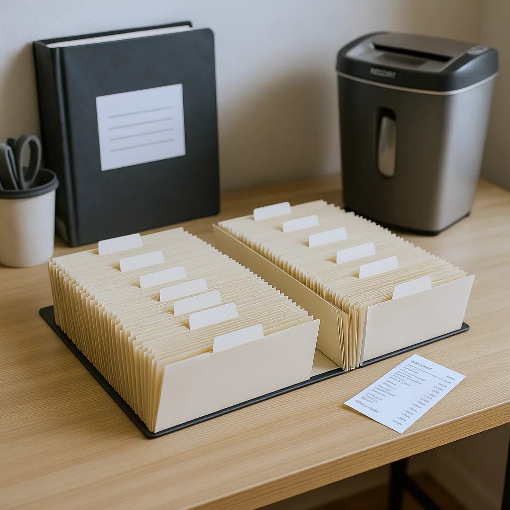 Clean Home Workspace With Accordion Files A Binder Shredder And