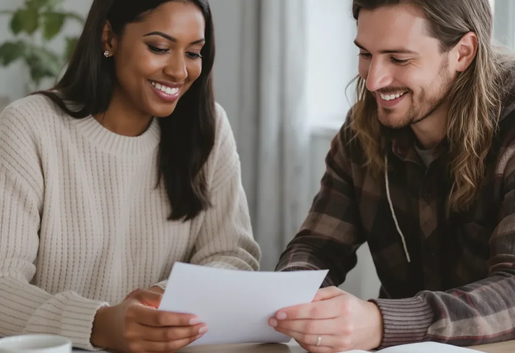 A couple reviewing a shared budget spreadsheet on a laptop during a financial check-in meeting.