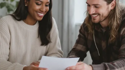 A couple reviewing a shared budget spreadsheet on a laptop during a financial check-in meeting.