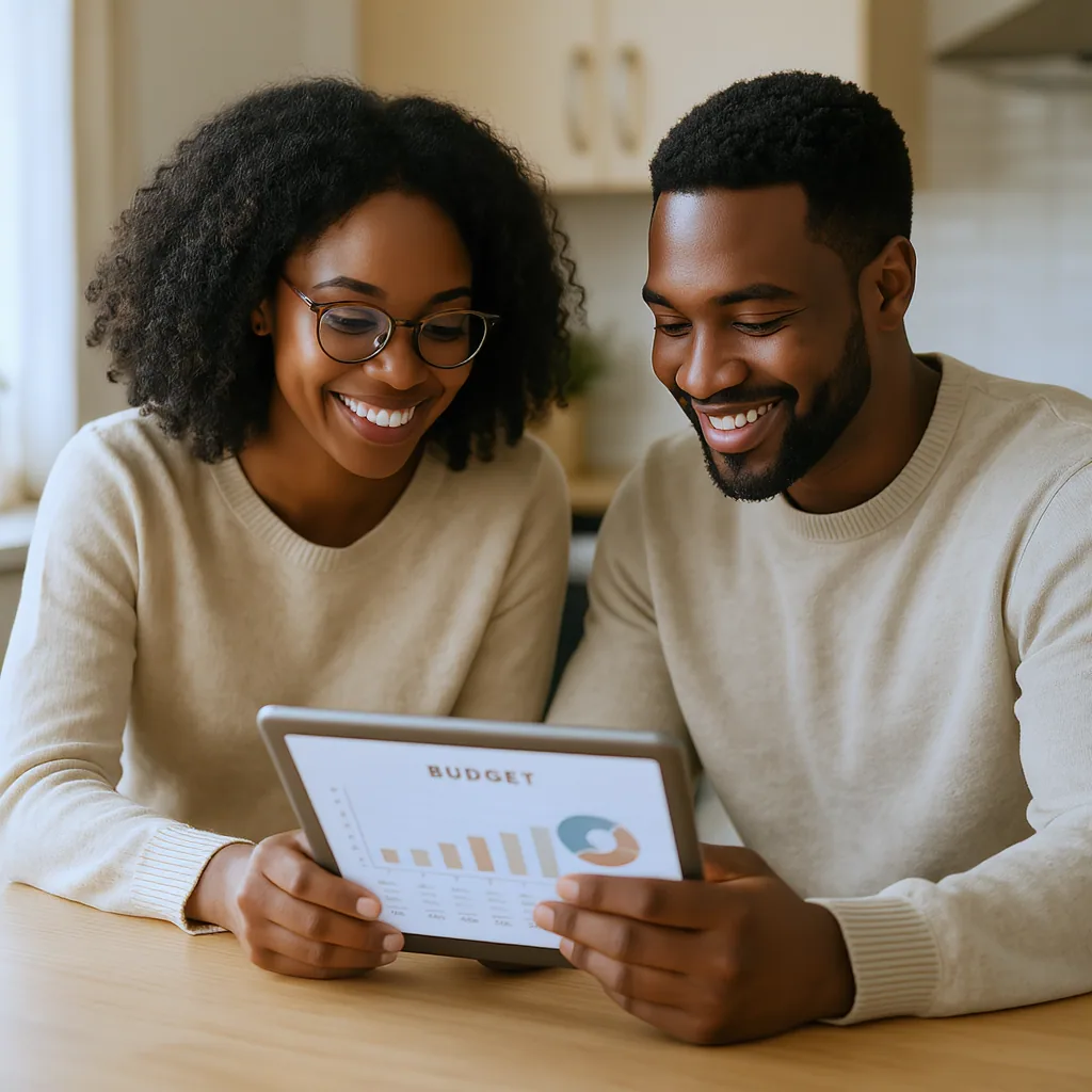 Diverse Couple Smiling While Reviewing A Budget Chart On Tablet