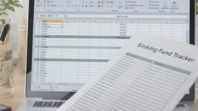 A simple, well-organized sinking fund tracker layout on a budget planner or spreadsheet