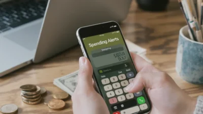 Smartphone screen showing a budgeting app with a spending alert notification for overspending.