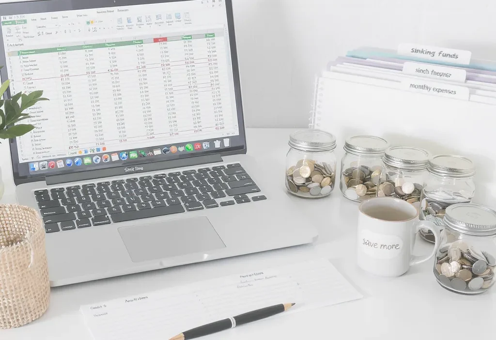 Colorful labeled envelopes and digital spreadsheet for organizing personal budget spending categories and sinking funds