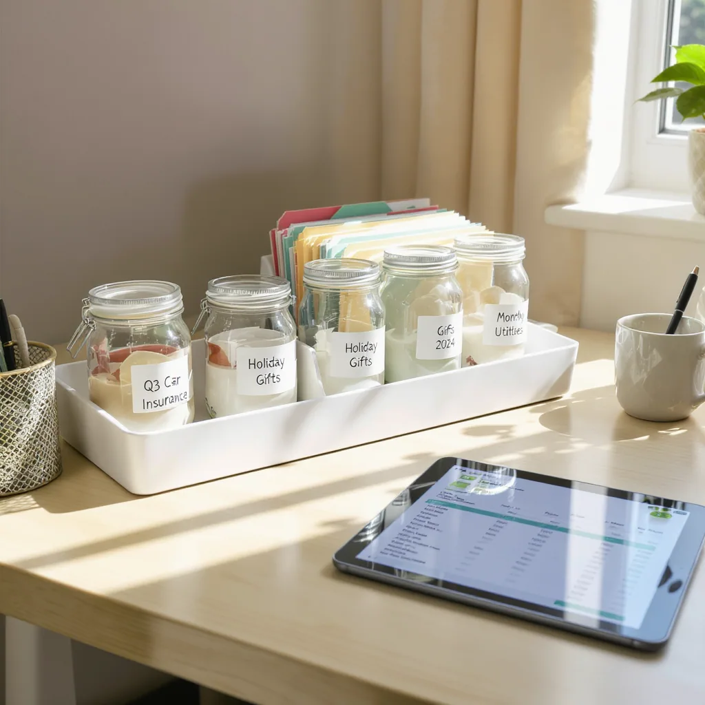 Tidy Desk With Labeled Jars And A Tablet Showing Budget