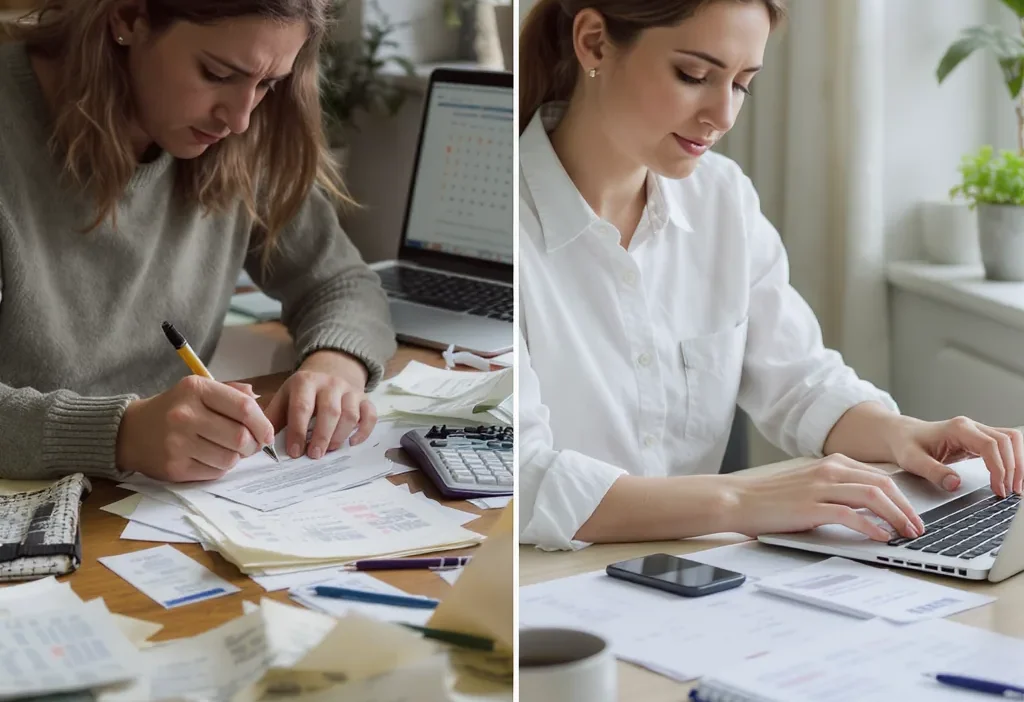 A person organizing a simple budget with a pen, notebook, and calculator on a clean desk