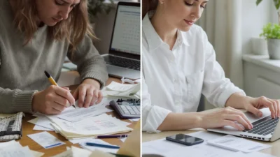 A person organizing a simple budget with a pen, notebook, and calculator on a clean desk