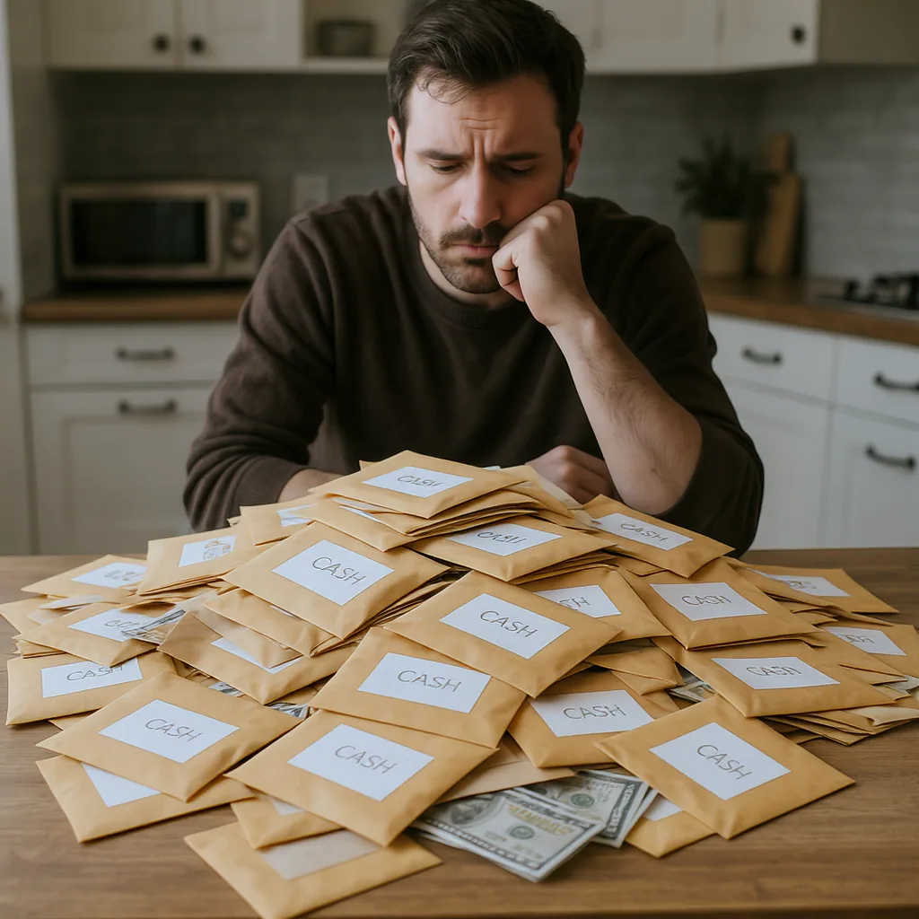 Person Looking At Disorganized Cash Envelopes On A Table