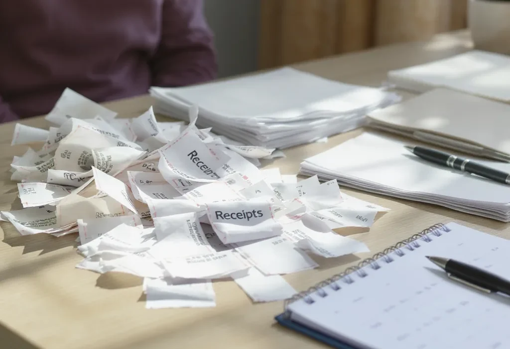 A person organizing a messy pile of receipts on a table with a recycling bin nearby.