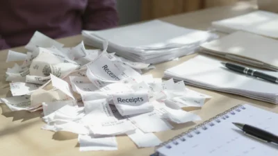 A person organizing a messy pile of receipts on a table with a recycling bin nearby.